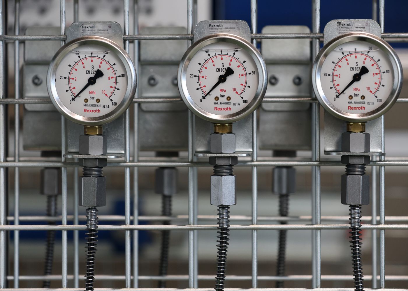 Close-up of pressure gauges used with mechanical equipment